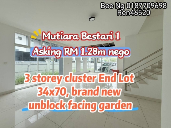 Taman Mutiara Bestari / 3 Storey Cluster / Brand New / Unblock View / End Lot